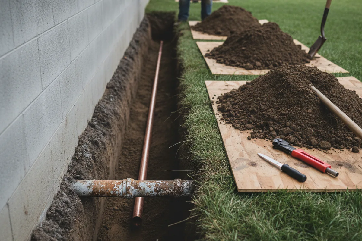 Excavated water line trench during Water Softener Installation in White Bluff